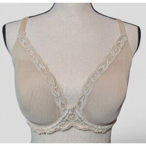 Natori Feathers Bra 32G Nude Contour Plunge Lace Underwire Plunge Back Closure